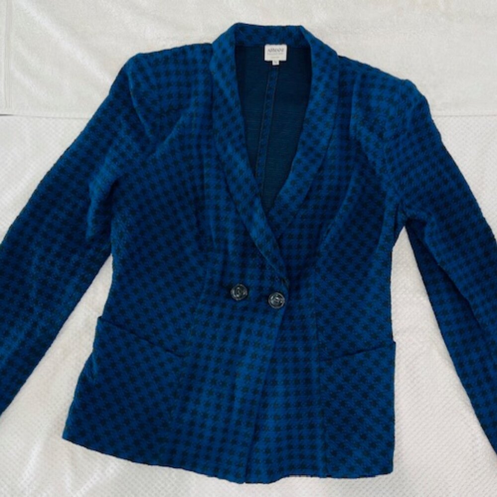 Armani Collezioni Women’s Stretch Knit Blue Black Long Sleeve Pockets Blazer 10
